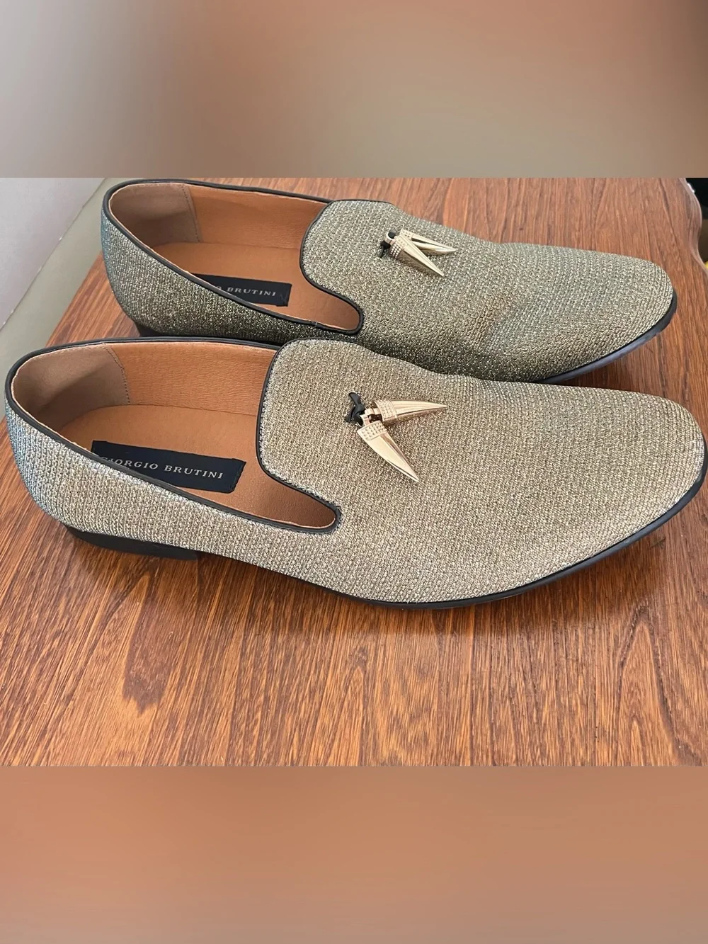 Giorgio Brutini Metallic Gold Slip-On Loafers with Tassel Accent
